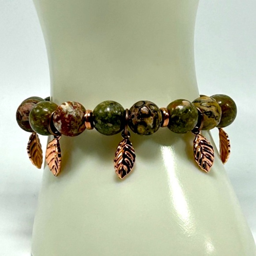 Handmade Fall Leaf Charm Bracelet Featuring Natural Unakite Gemstones!